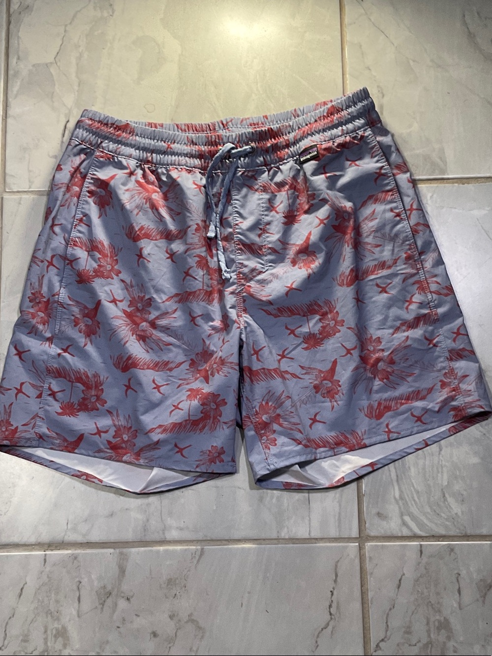 Patagonia Hydropeak volley Light Blue Swim Shorts with Red Floral Print small